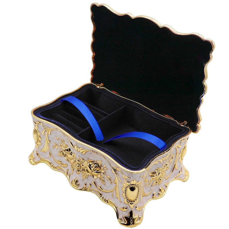 AVESON Luxury Vintage Rectangle Metal Alloy Jewelry Box Trinket Organizer Storage Box with Rose Pattern for Women, Girls, Two-Layer Design, Gold & White, Large - Image 3